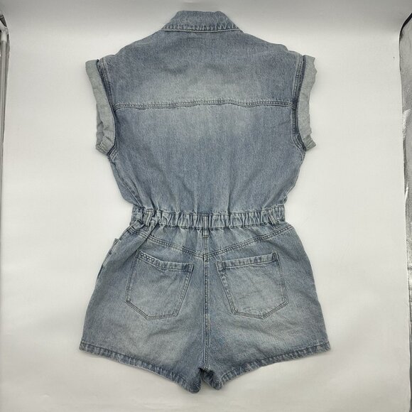 Blank NYC Women's Size Medium 80s Retro Snap Button Light Wash Denim Jean Romper - Picture 10 of 13